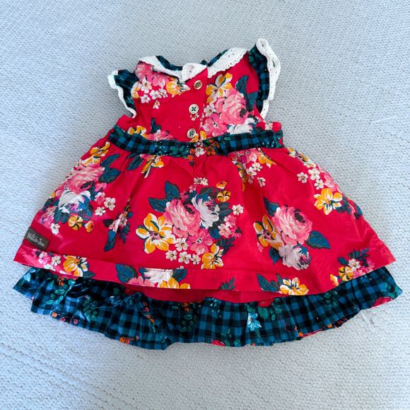 Matilda Jane Red + Green Sugar Plum Holiday Floral Ruffle Dress - 3 to 6 Months - Picture 7 of 9